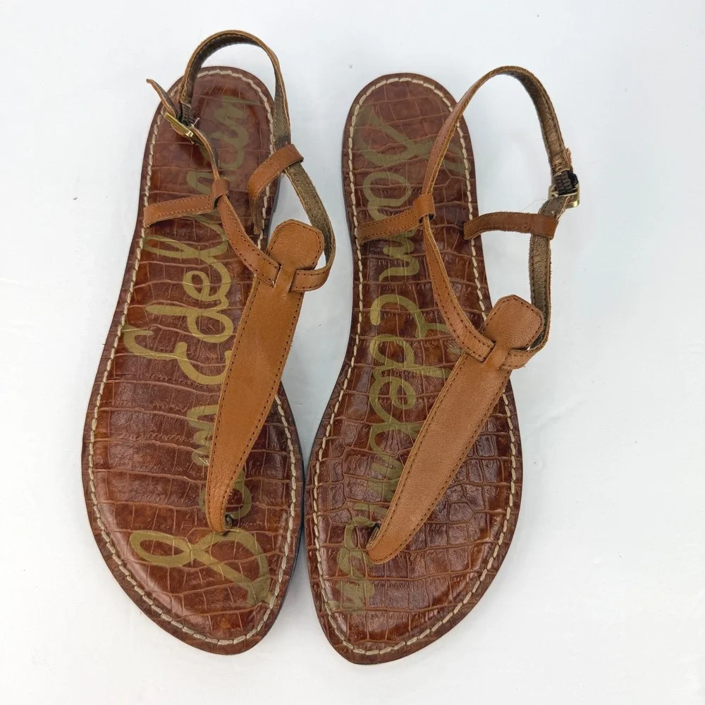 EUC Sam Edelman 10 Women Sandals Gigi Brown Croc Embossed Leather T-Strap Thong